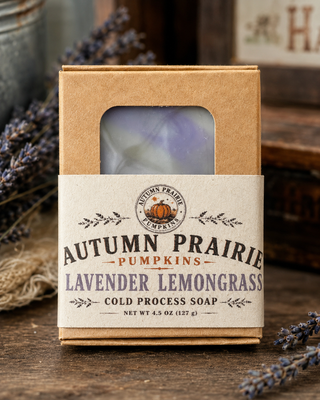 Lavender Lemongrass cold process soap in a kraft box with the Autumn Prairie Pumpkins label, Newton Kansas