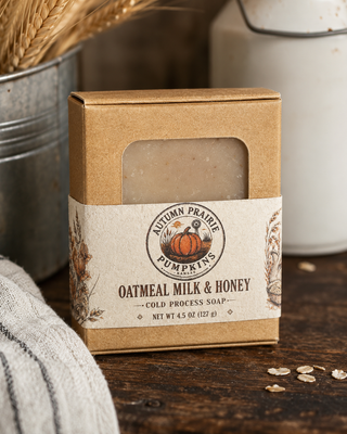 Oatmeal Milk & Honey cold process soap in a kraft box with the Autumn Prairie Pumpkins label, Newton Kansas