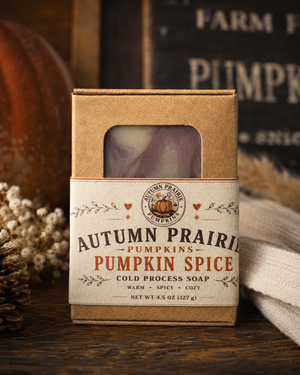 Pumpkin Spice cold process soap in a kraft box with the Autumn Prairie Pumpkins label, Newton Kansas