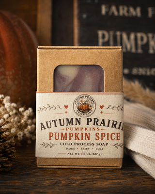 Pumpkin Spice cold process soap in a kraft box with the Autumn Prairie Pumpkins label, Newton Kansas