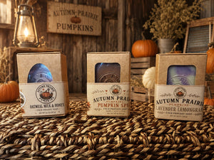 Kansas Prairie Homestead Kit - three boxed handmade soap bars - pumpkin spice, lavender lemongrass, oatmeal milk and honey