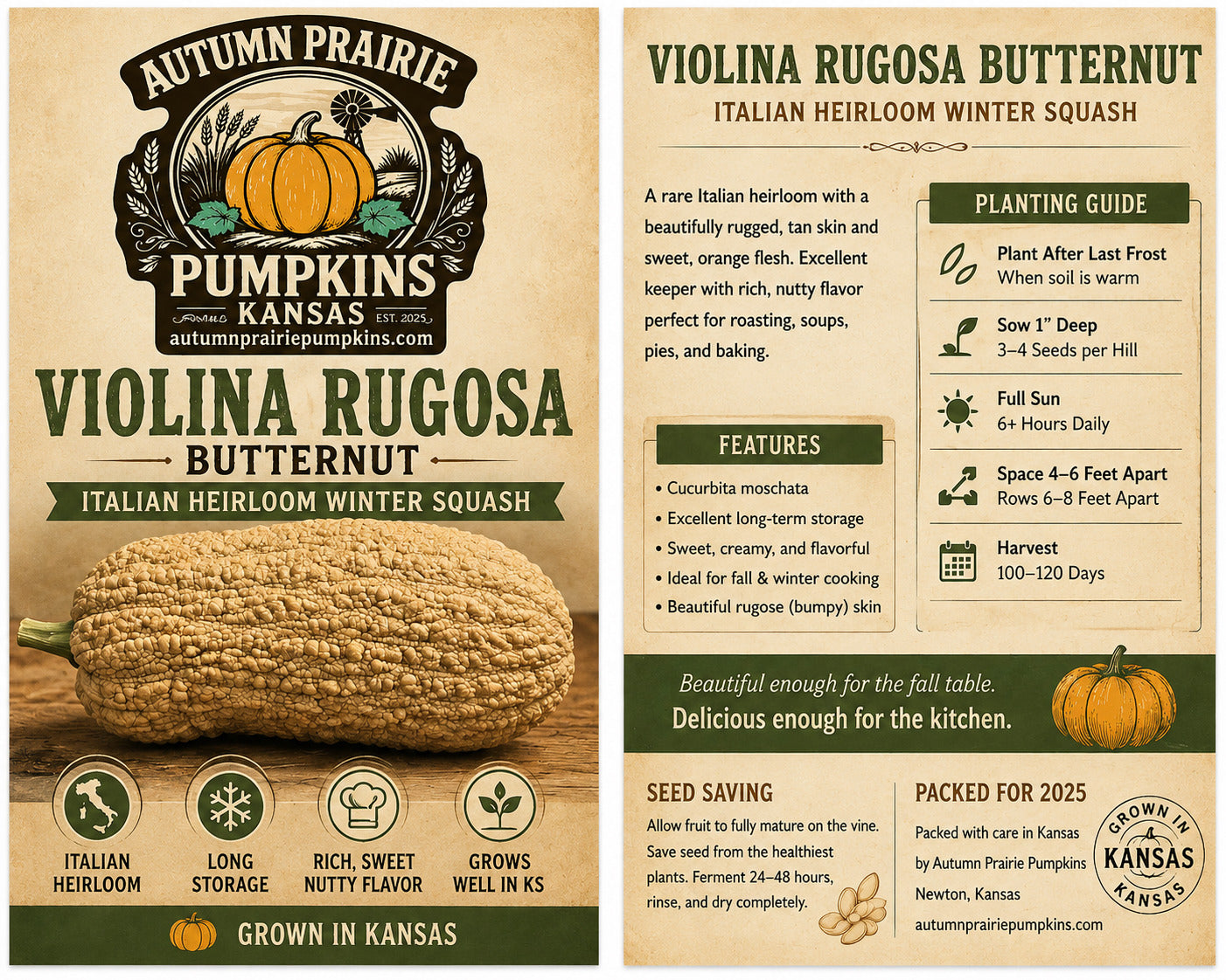 Violina Rugosa butternut seed packet front and back - Italian heirloom winter squash planting guide - Autumn Prairie Pumpkins Kansas
