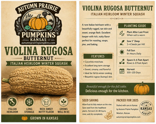 Violina Rugosa butternut seed packet front and back - Italian heirloom winter squash planting guide - Autumn Prairie Pumpkins Kansas