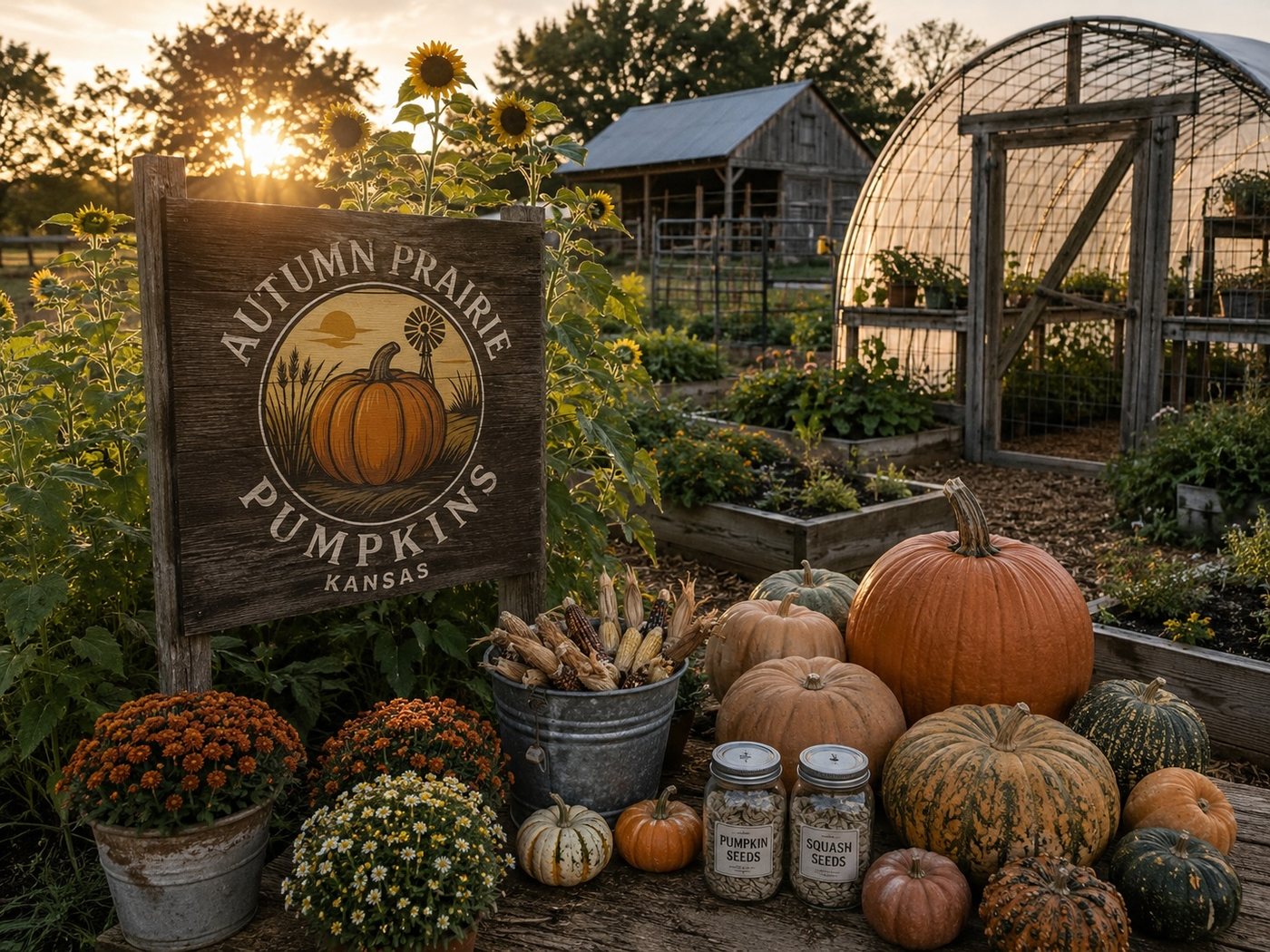 Autumn Prairie Pumpkins homestead at sunset in Newton, Kansas with barn, garden tunnel, pumpkins and seed jars